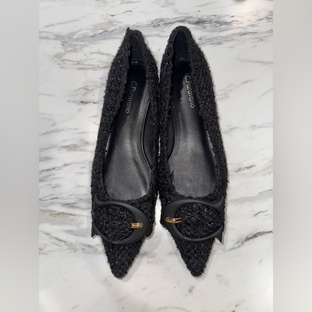 C.Paravano Black tweed pointed toe flats with C Buckle size 36 - Picture 2 of 15